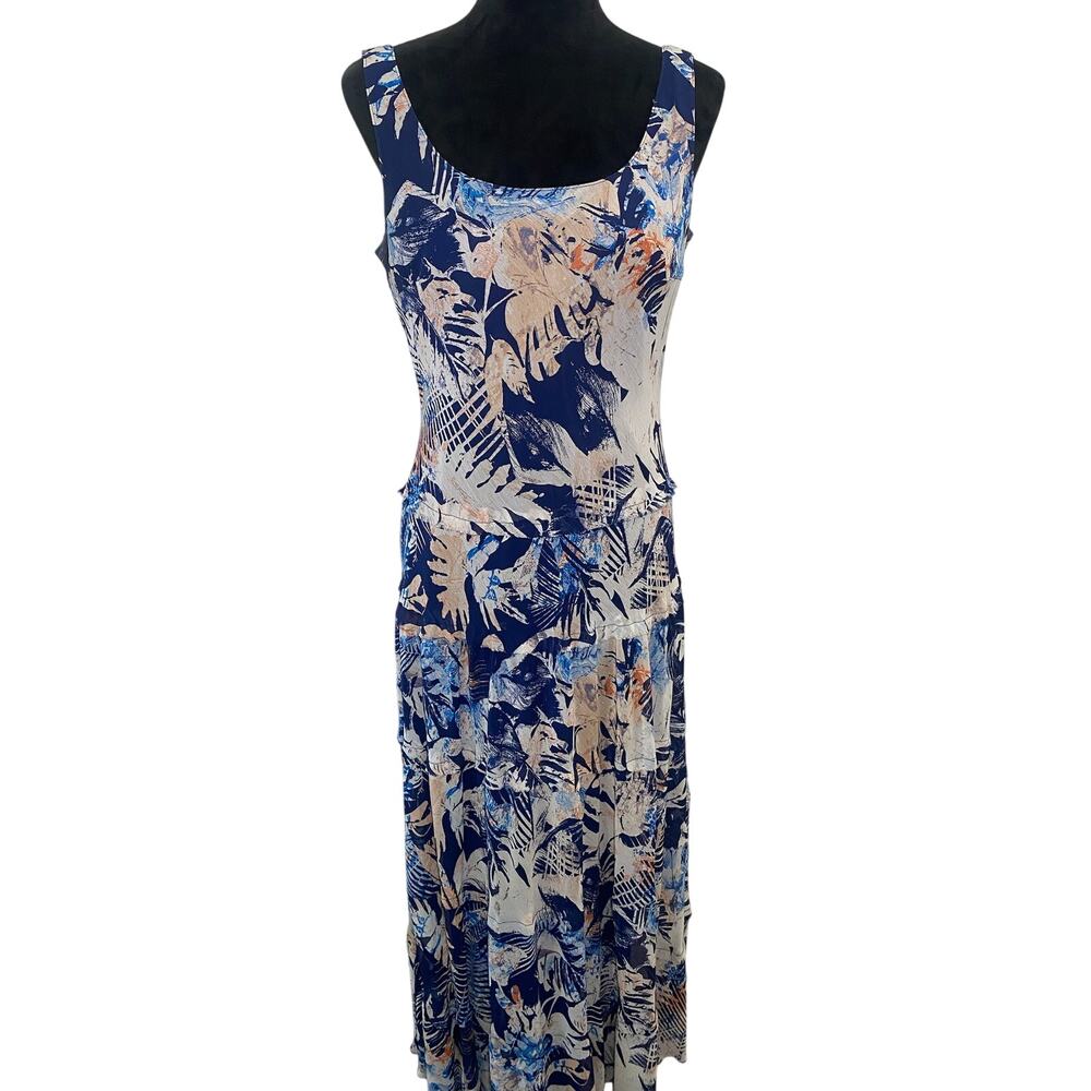 Nine West Long Sundress– Blue Peach Tropical Leaf– Y2K Feminine Beachy Resort